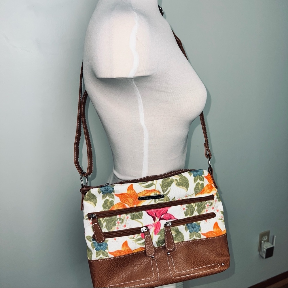 Stone Mountain Floral Canvas & Tan Faux Leather Shoulder / Crossbody Bag - Picture 2 of 12